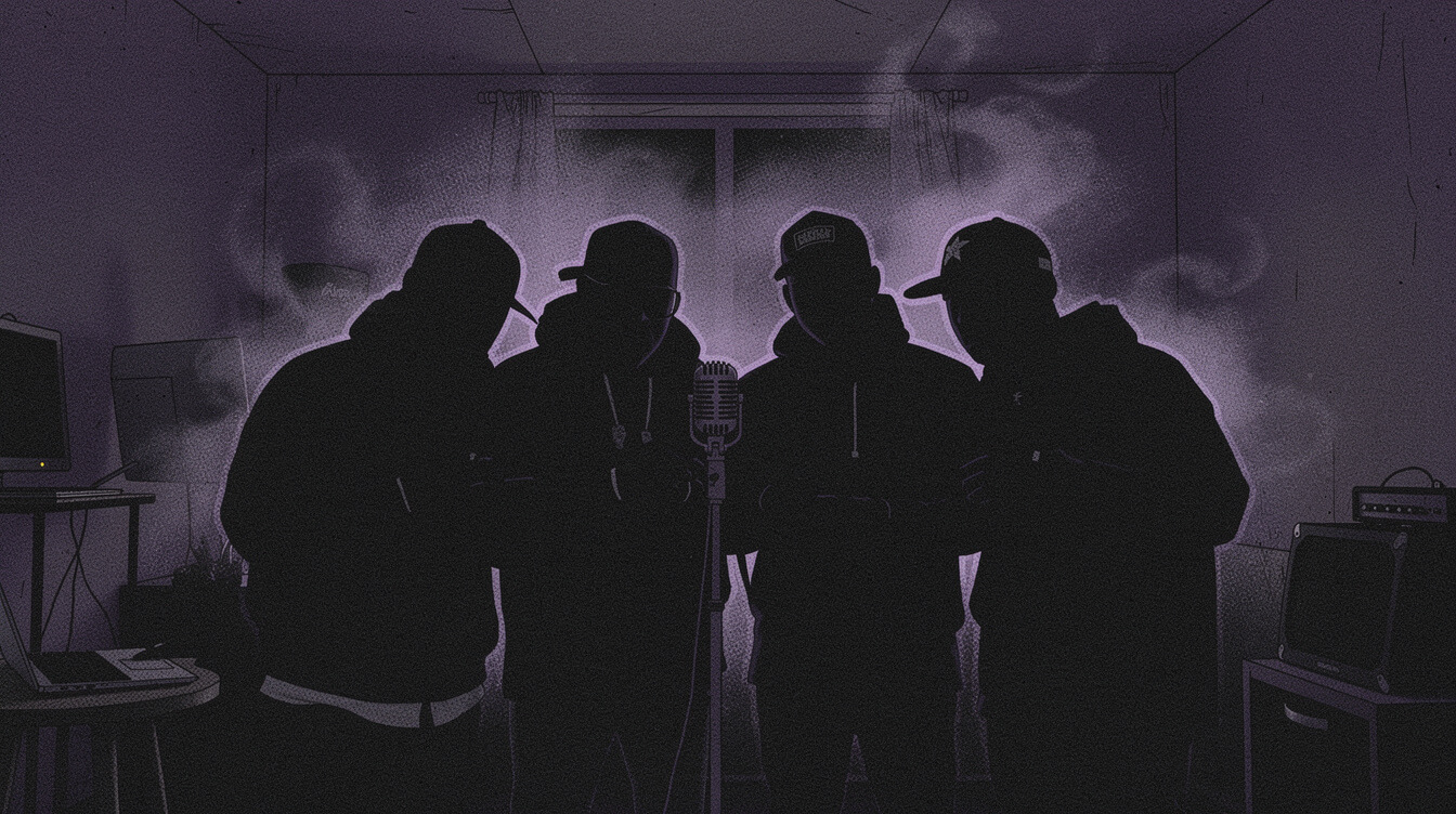 Silhouettes of rappers around one microphone, the Screwed Up Click