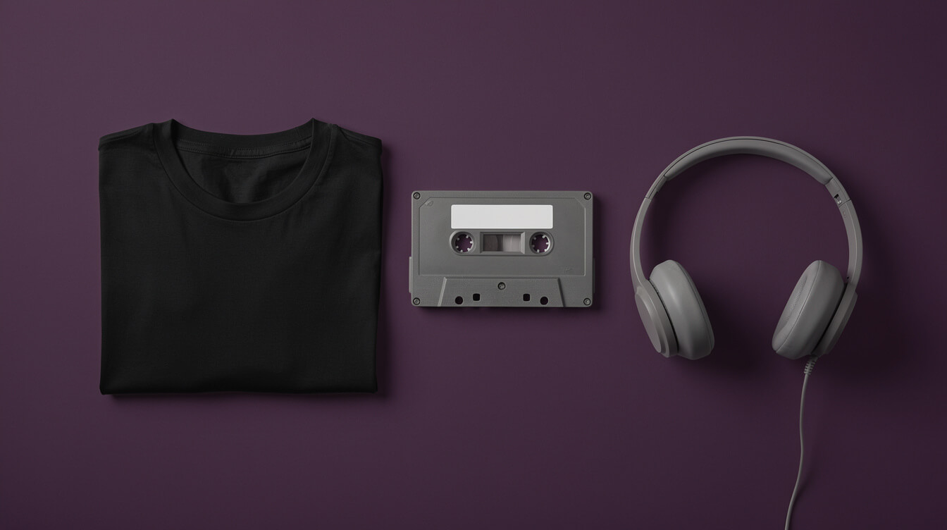 Black tee, cassette tape and headphones, DJ Screw inspired streetwear flat lay